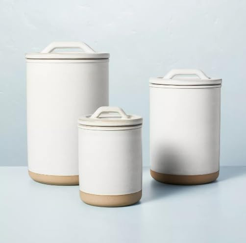 3-Piece Stoneware Canister Set with Cream Finish and Wood Accents | Amazon (US)