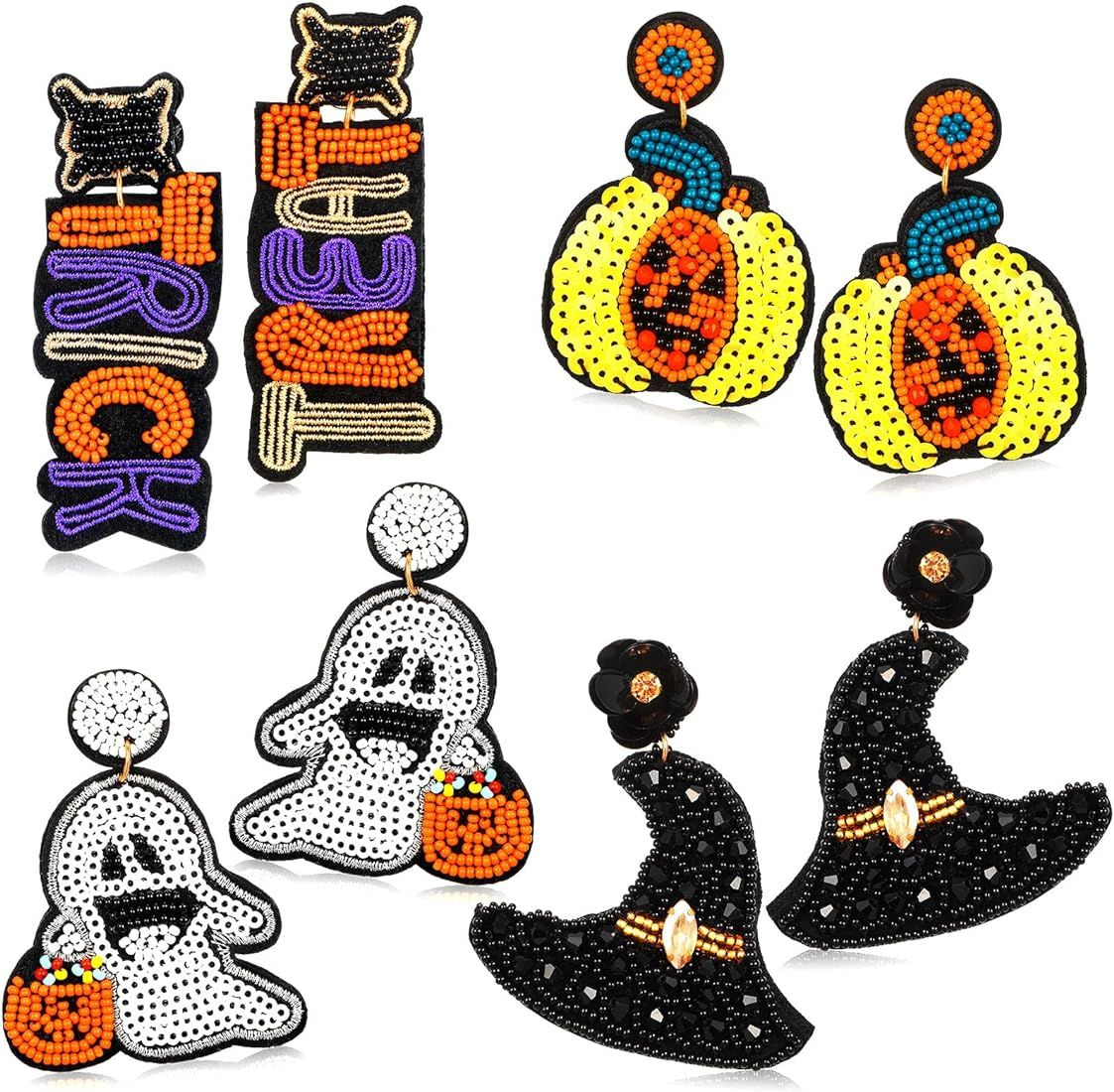 4 Pair Halloween Christmas Beaded Earrings Drop Dangle Fall Earrings Ghost Pumpkin Christmas Tree... | Amazon (US)