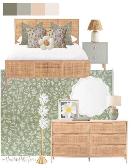 Teen girls bedroom mood board, green floral rug, cane bed, cane dresser, teen bedroom design, girls room #bedroomm

#LTKkids #LTKhome #LTKsalealert