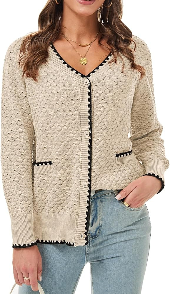 Pink Queen Women's Cropped Cardigan Long Sleeve V-Neck Button Down Knit Sweater Tops Open Front L... | Amazon (US)