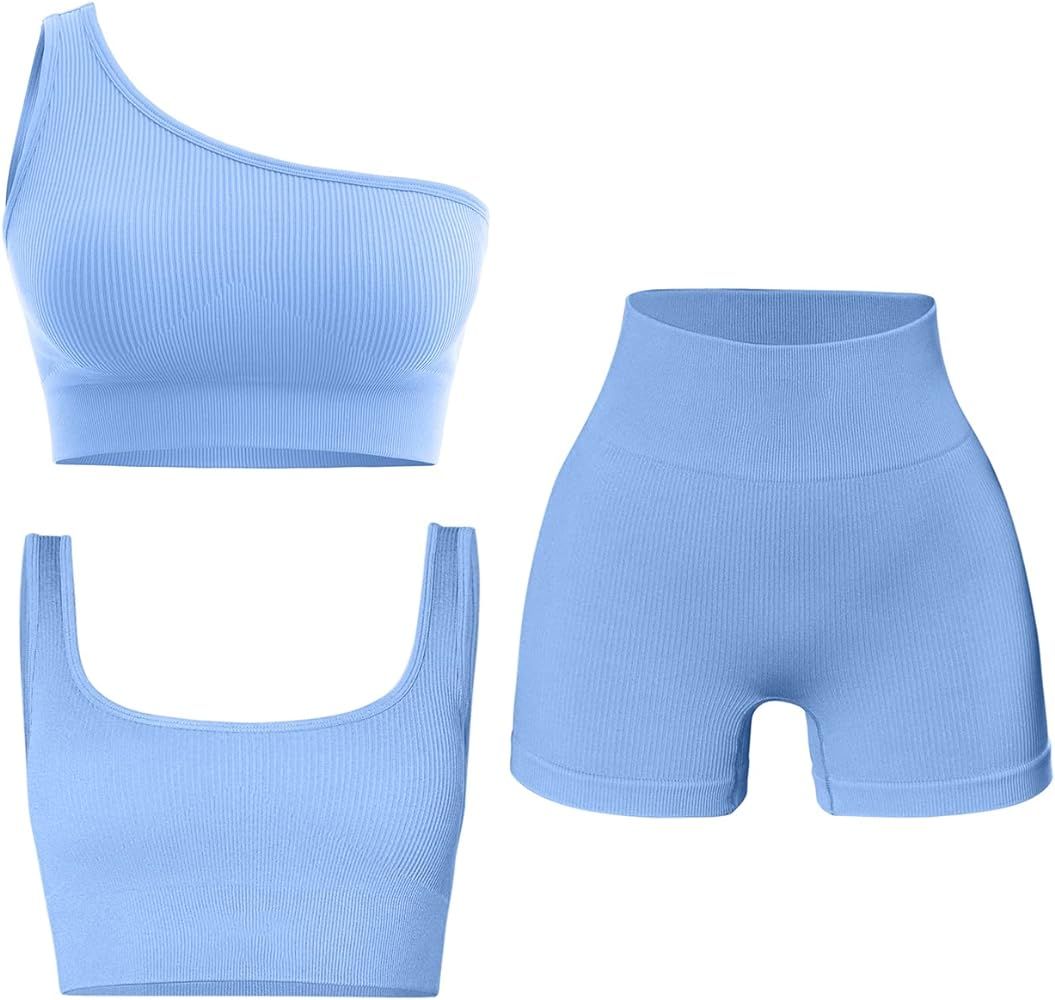 QINSEN Women's 3 Pack Seamless Crop Tank Top High Waisted Shorts Workout Set | Amazon (US)