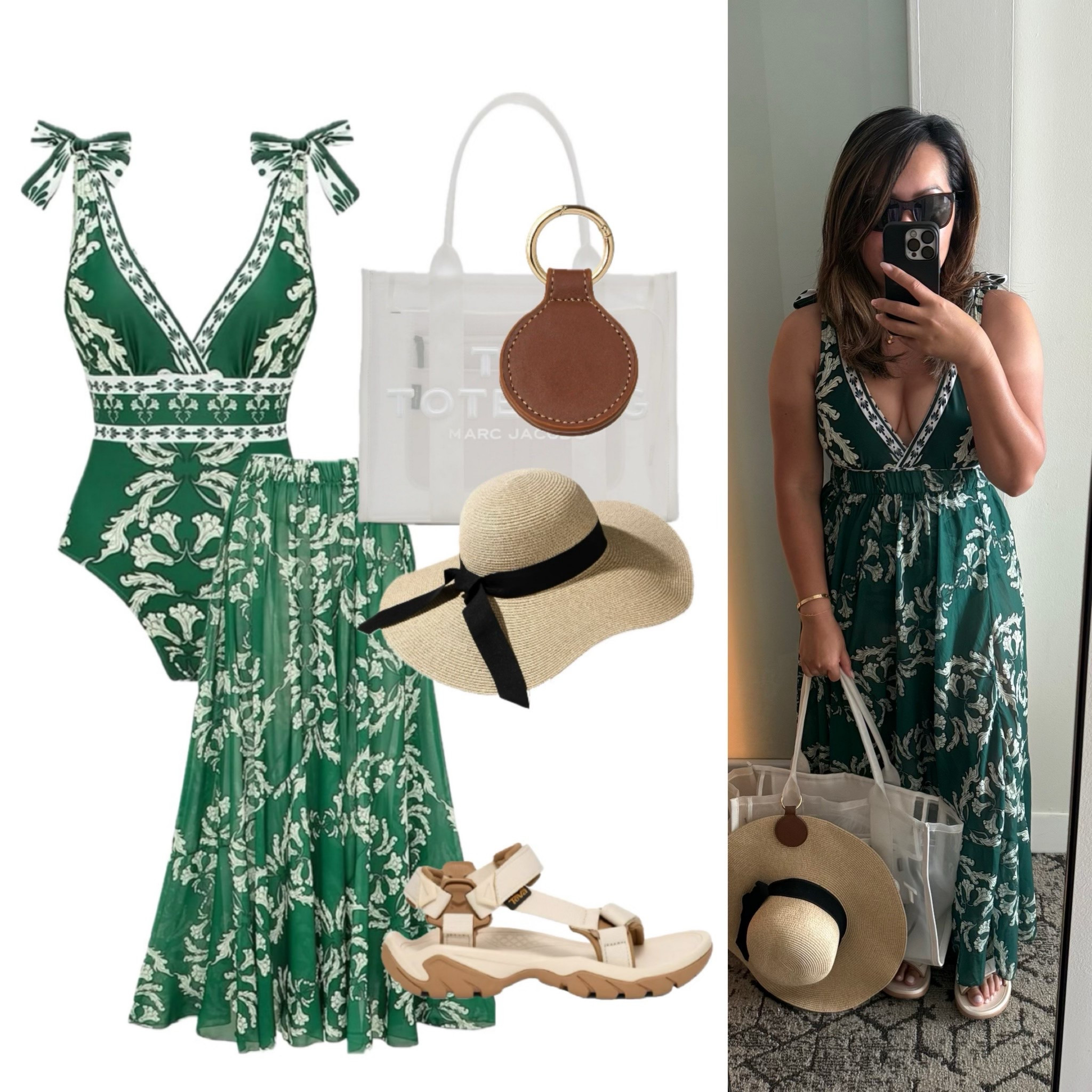 Bathing suit 👙, hat 👒, hat clip- Amazon 
Sandals 🩴- teva
Marc Jacob mesh tote