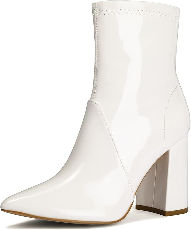 mysoft Women's GoGo Boots Block Heel Ankle Boots Pointed Toe Patent Leather Side Zipper Booties | Amazon (US)