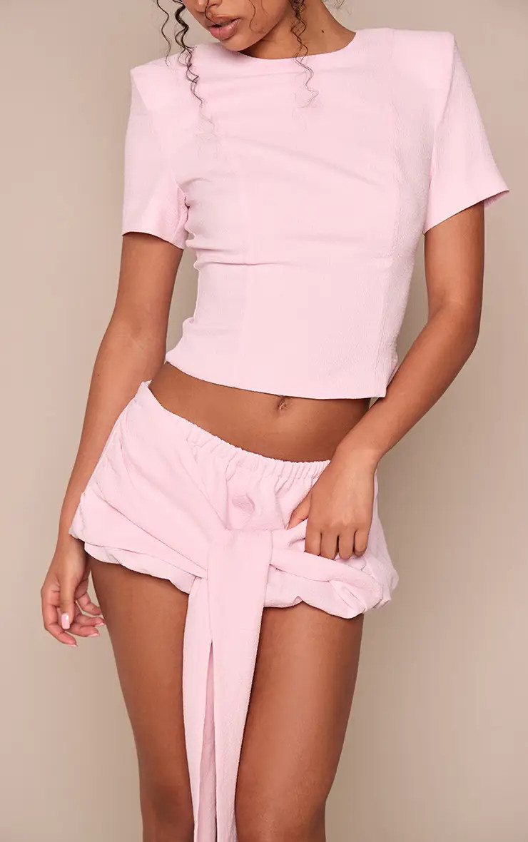 Pale Pink Textured Wrap Detail Puff Shorts Co-ord | PrettyLittleThing UK