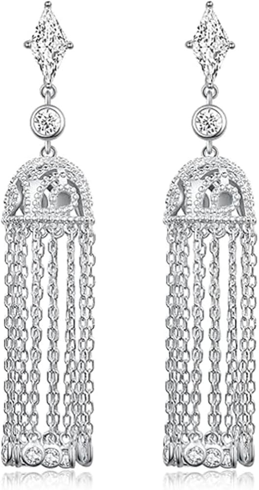Rhinestone Dangle Long Tassel Chain Chandelier Earrings for Women Silver Vintage Indian Crystal C... | Amazon (US)