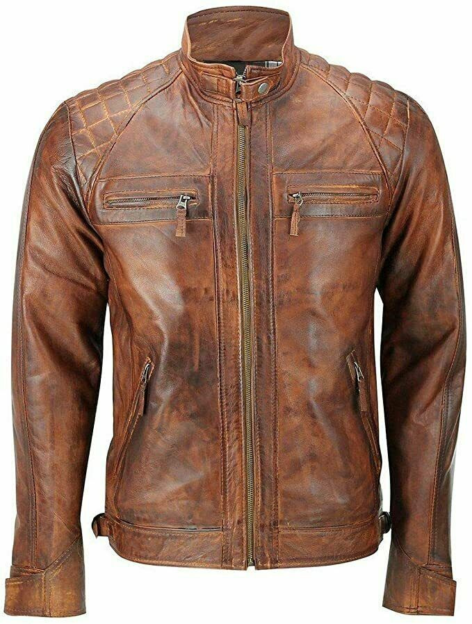 Cafe Racer Men Vintage Biker Distressed Quilted Brown Leather Jacket | eBay UK