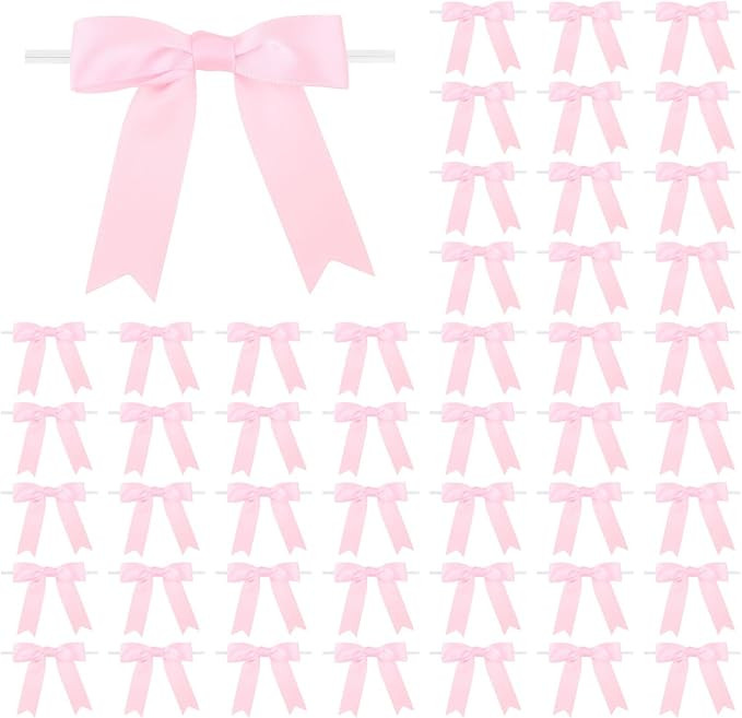 Meseey 50 Pcs 3 Inches Twist Tie Satin Ribbon Bows Pearl Pink Pretied Premade Craft Bows for Treat Bags Gift Wrapping Basket Wedding Baby Shower Brithday Christmas Party (3", Pearl Pink) | Amazon (US)