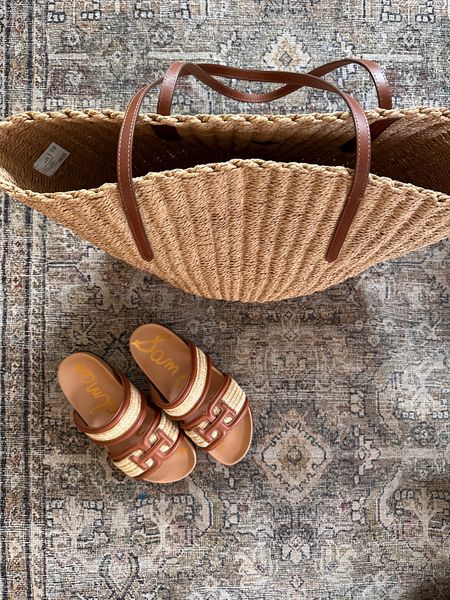 Current favorite combo spring shoe details summer tote, beach bag, vacation ready, woven bag and shoe the IT shoe of summer sandals 