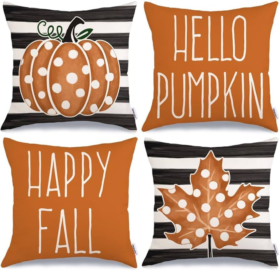 GEEORY Fall Pillow Covers 18x18 Set of 4 Fall Decor Polka Dots Pumpkin Maple Leaf Happy Fall Stri... | Amazon (US)