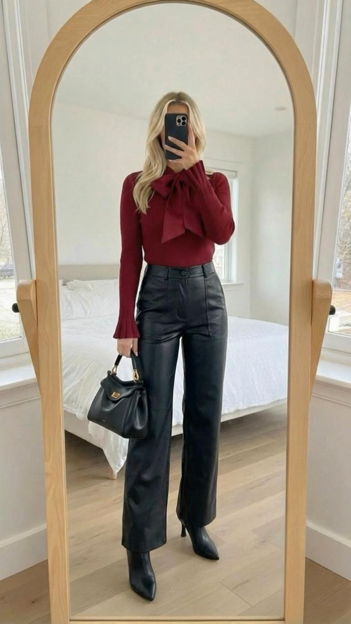 Another great holiday look I love Bose obviously so cute on this top. It comes a ton of different colors. This would also be a great option for New Year’s Eve outfit. Looks if you wanted something that was still dressed up, but kept you warm. This would be a great option as well full leather pants paired with a black bag and then you could also put on a leather jacket with us or a trenchcoat. I’m gonna share both options and then black boots.

#LTKHoliday #LTKSeasonal #LTKOver40