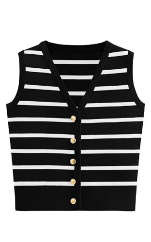 NALANISA Women's Trendy Striped Sweater Vest 2026 V Neck Sleeveless Button Up Tank Tops Y2k Shirts Casual Business Summer Outfits (Black,XL) | Amazon (US)