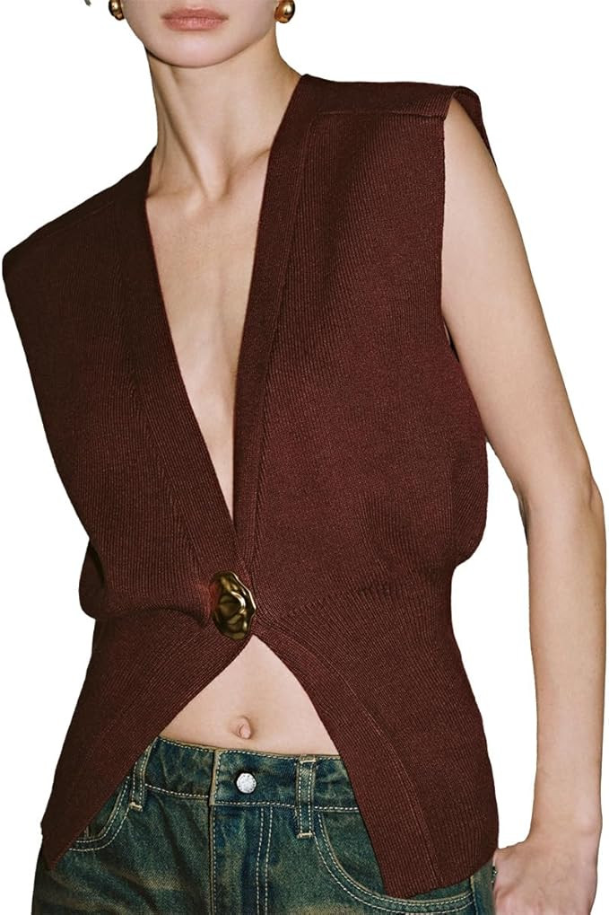 URBAN REVIVO Women's Sweater Vest Sleeveless V-Neck Knit Tops Lightweight with Gold Leaf Button D... | Amazon (US)
