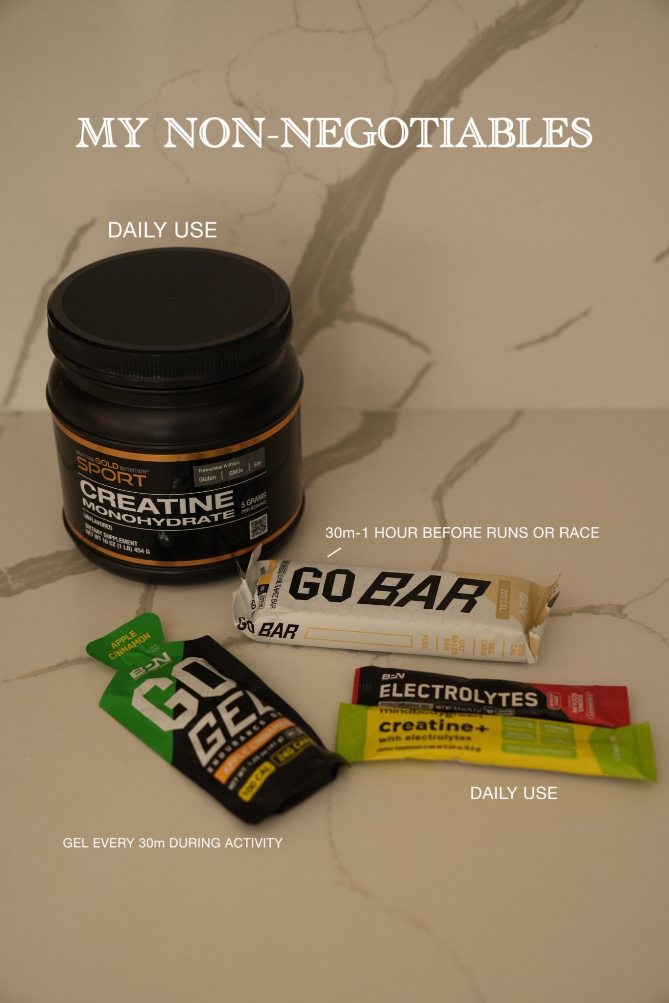 Some of my favorite supplements I use to prep for races 

Creatine 
Energy bar 
Energy gel 
Active 
Wellness


#LTKfitnessgoals #LTKActive #LTKHome