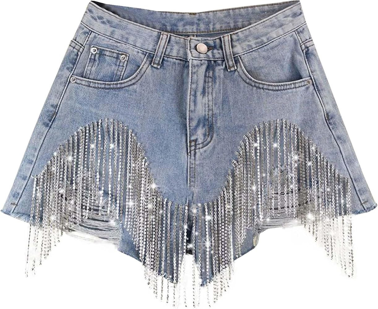 Jean Shorts Womens High Waisted Ripped Rhinestone Pearl Beaded Fringe Comfort Tassel Denim Shorts... | Amazon (US)