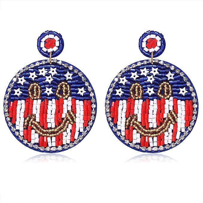 4th of July Earrings Beaded American Flag Star Dangle Earrings for Women Handmade Independence Da... | Amazon (US)