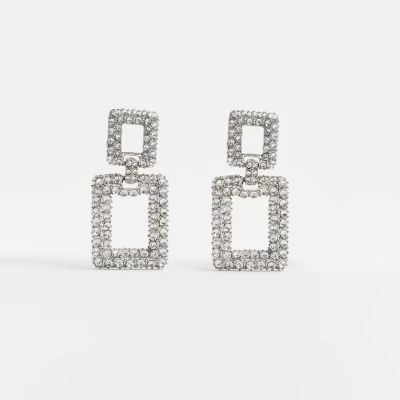 Silver diamante square drop earrings | River Island (UK & IE)