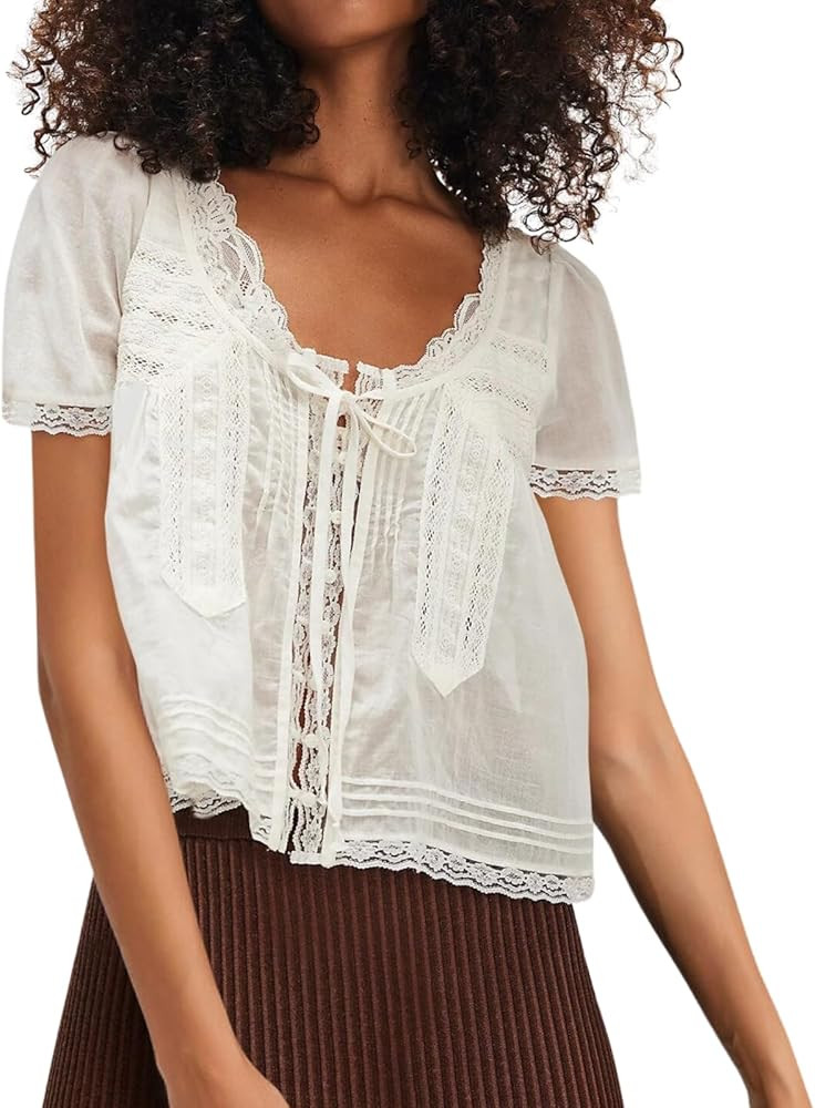 Women Boho Button Down Lace Trim Crop Tee Top Short Sleeve Scoop Neck Ruffle Semi Sheer Flowy Tie... | Amazon (US)