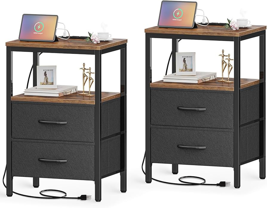 Huuger Nightstands Set of 2, End Tables with Charging Station, Side Tables with Fabric Drawers, B... | Amazon (US)