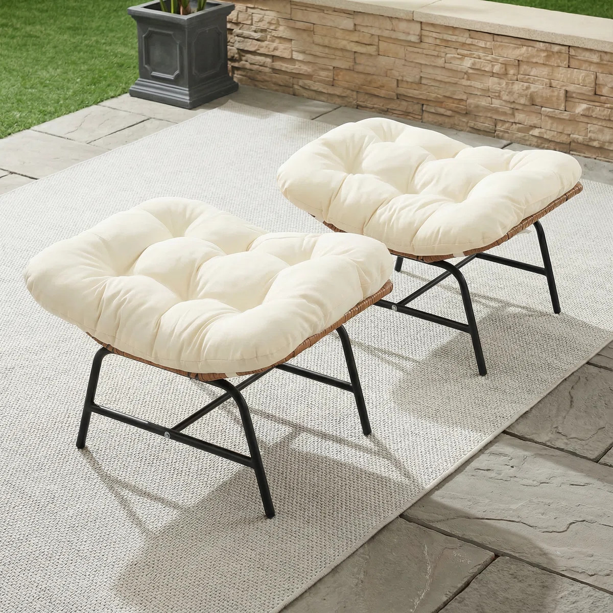 Nellysford Wicker Outdoor Ottoman (Set of 2), Upholstered Patio Footrest with Metal Frame for Dec... | Wayfair North America