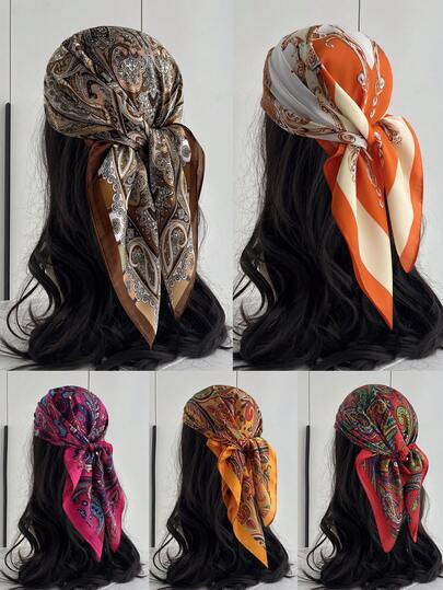 1 pieza Bandana para mujer con patrón de flores paisley, pañuelo de seda cuadrado para envolver... | SHEIN