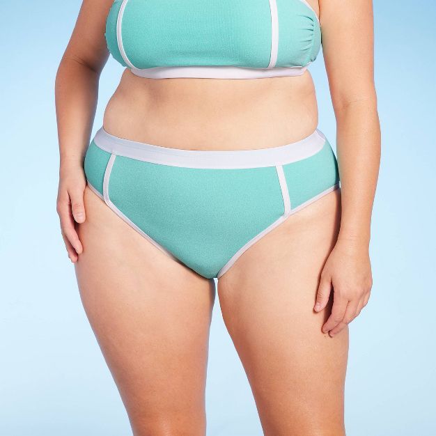 Women's Terry Textured Solid High Waist High Leg Bikini Bottom - Kona Sol™ Turquoise Blue | Target