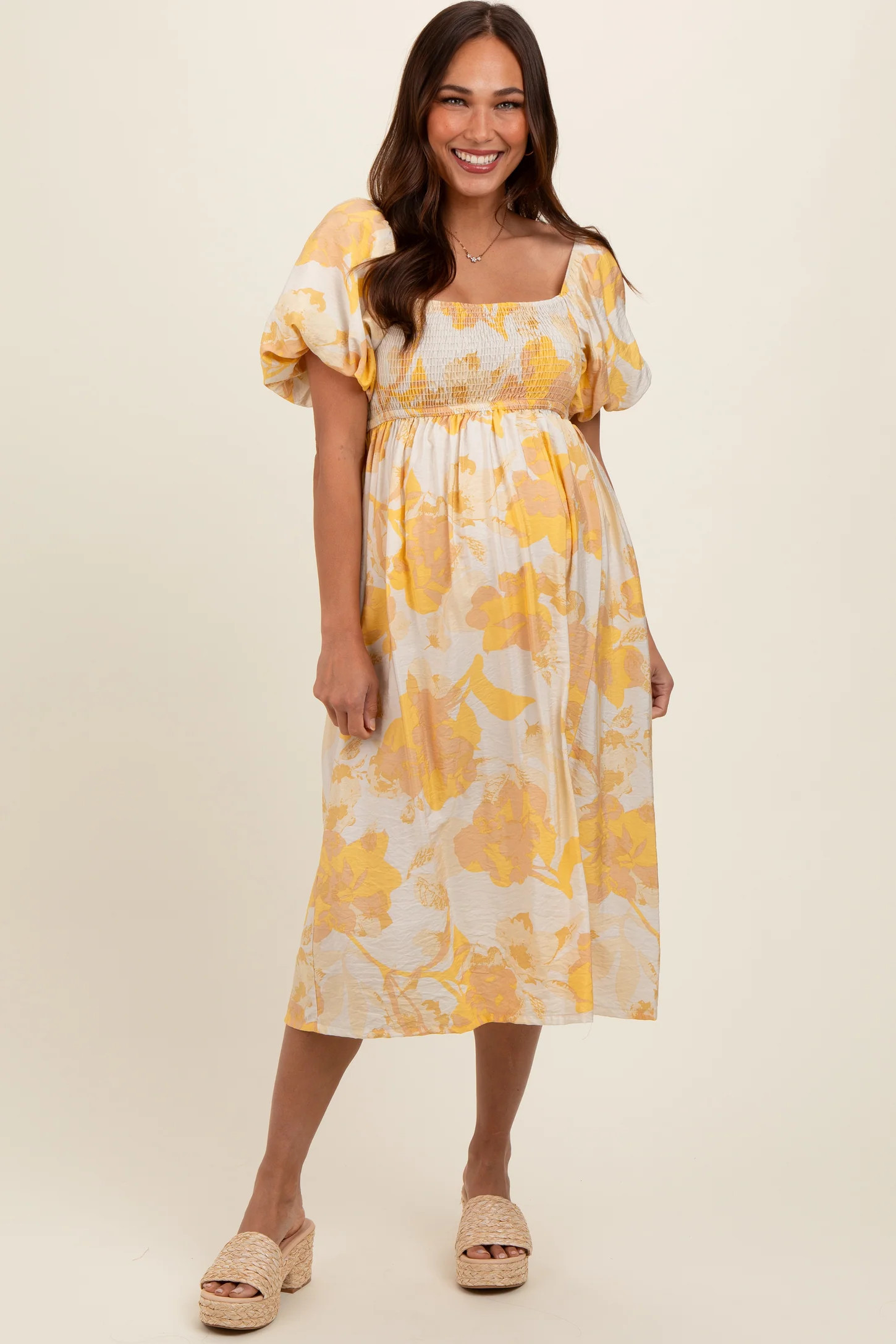 Yellow Floral Square Neck Smocked Short Puff Sleeve Maternity Midi Dress | PinkBlush Maternity