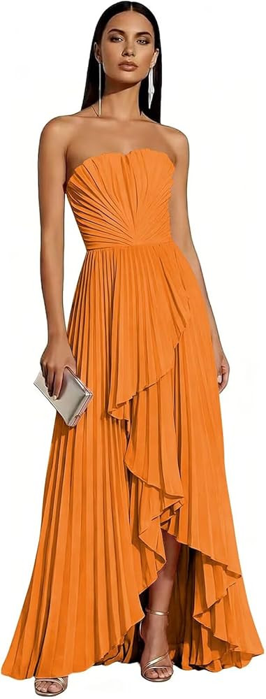 Strapless Bridesmaid Dresses for Women 2026 Pleated Satin Hi-Lo Formal Dress for Wedding Guest | Amazon (US)