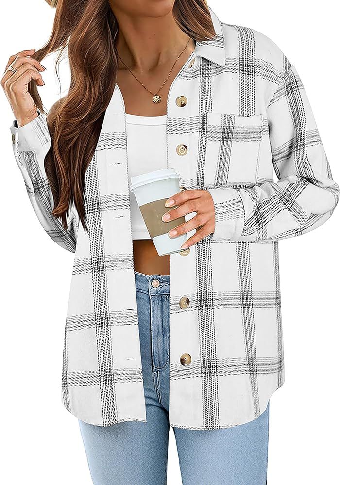 Zeagoo Women Flannel Shacket Jacket Plaid Button Down Long Sleeve Shirt Fall Outfits 2024 | Amazon (US)