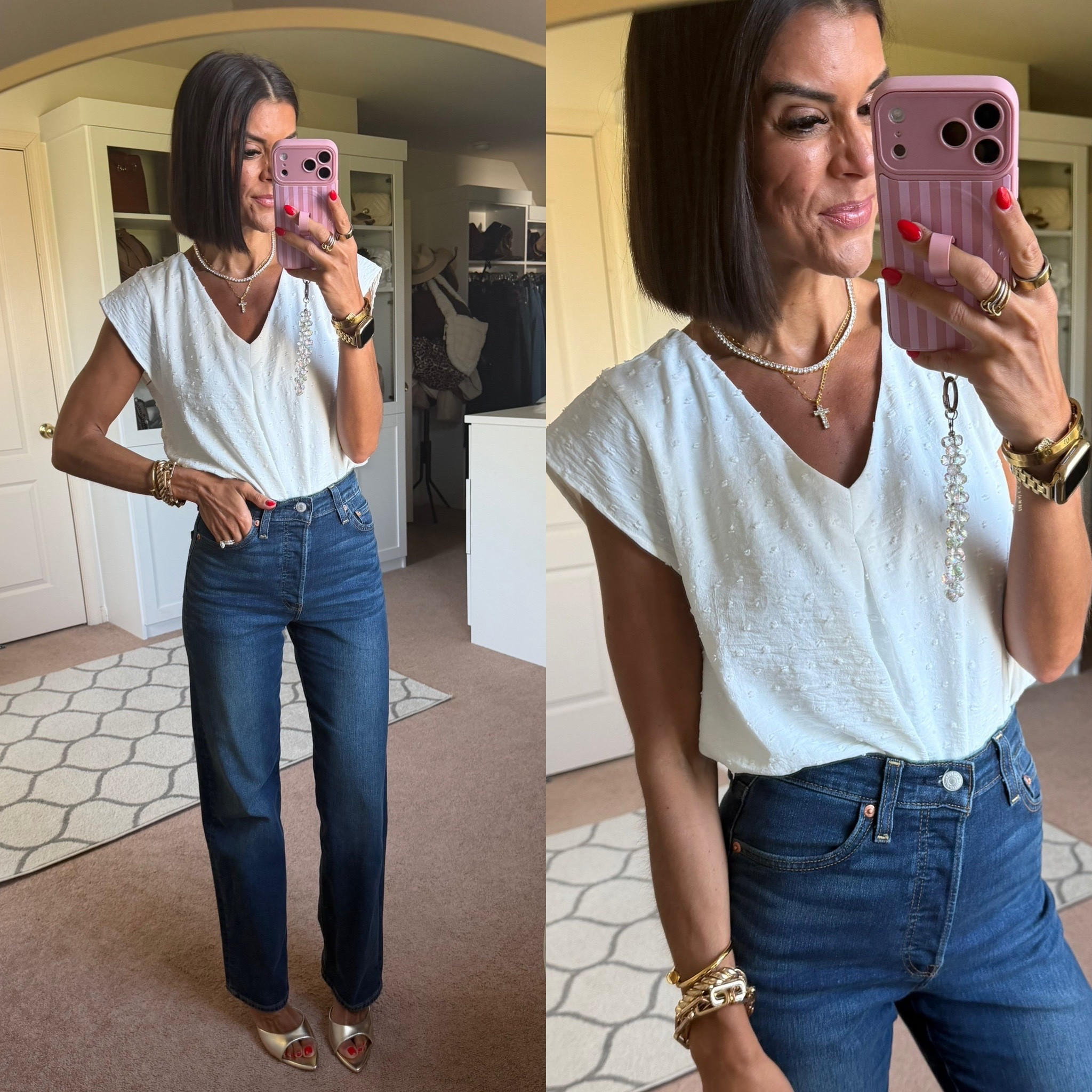 Size small in blouse, sized up one in jeans