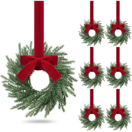 12.6 Inch Norfolk Christmas Wreaths, Evergreen Christmas Kitchen Cabinet Mini Wreaths, Real Touch with Bow & Burgundy Ribbon for Xmas Front Door Window Home Table Christmas Decorations(6 Pcs) | Walmart (US)
