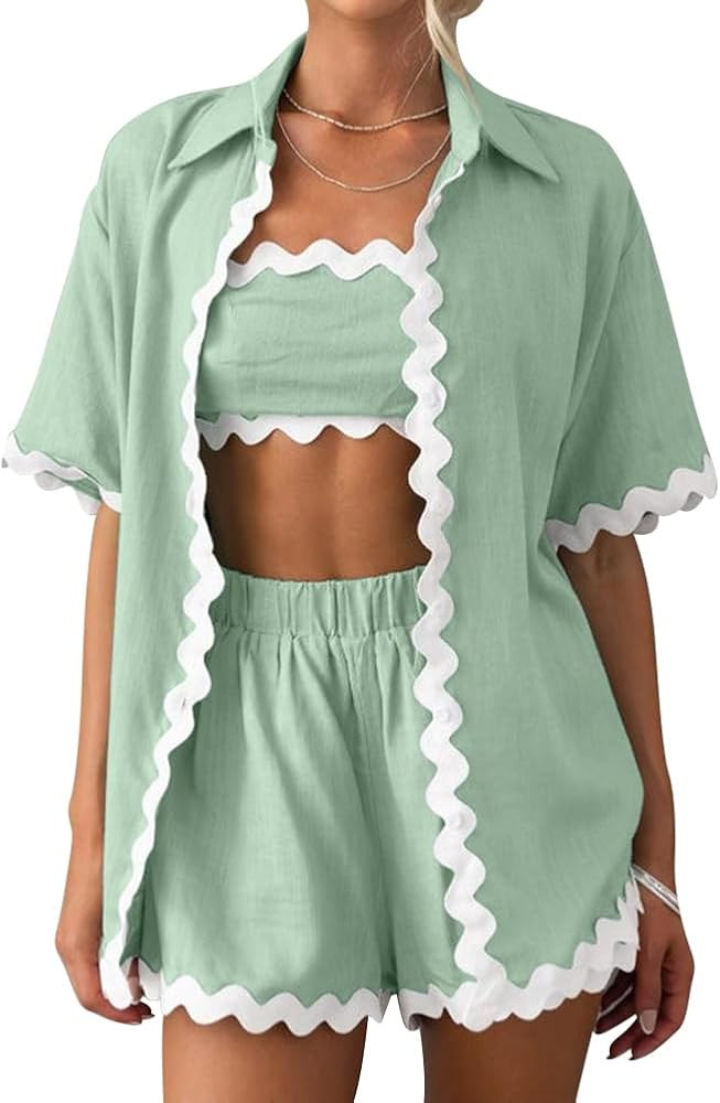 Women Two Piece Summer Outfits Button Down Shirt and Shorts Lounge Set Ric Rac Trim Casual Sleepw... | Amazon (US)