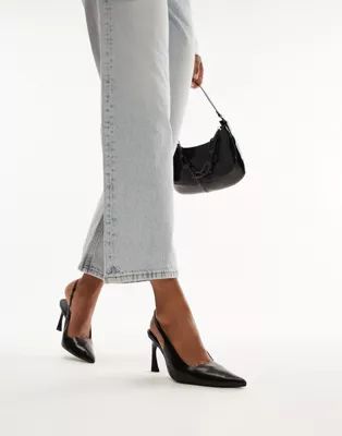Topshop Coy premium leather sling back heeled court shoe in black | ASOS (Global)