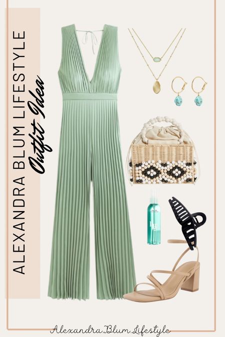 Abercrombie vacation outfit idea! Pleated satin jumpsuit romper perfect for beach vacation dinner date night or spring wedding guest dress! Beaded woven clutch is a perfect vacation , spring, and summer purse that will have everyone looking! I also paired this outfit with straw slide sandals, gold huggie hoop earrings, gold layered necklace, and a best selling Amazon beach hair spray! Amazon accessories! 

#LTKsalealert #LTKwedding #LTKstyletip
