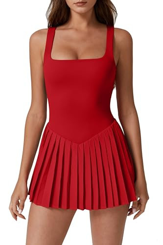 QINSEN Sleeveless Athletic Dress for Women Tennis Dress Built in Shorts Pockets Golf Active Dress Fairy Red XS | Amazon (US)