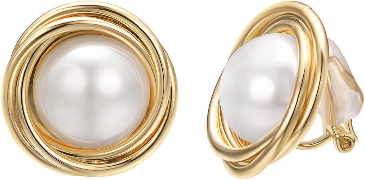 Yoursfs Large Pearl Gold Clip On Earrings For Women 18K Gold Plated Pearl Button Ear Clips Earrin... | Amazon (US)