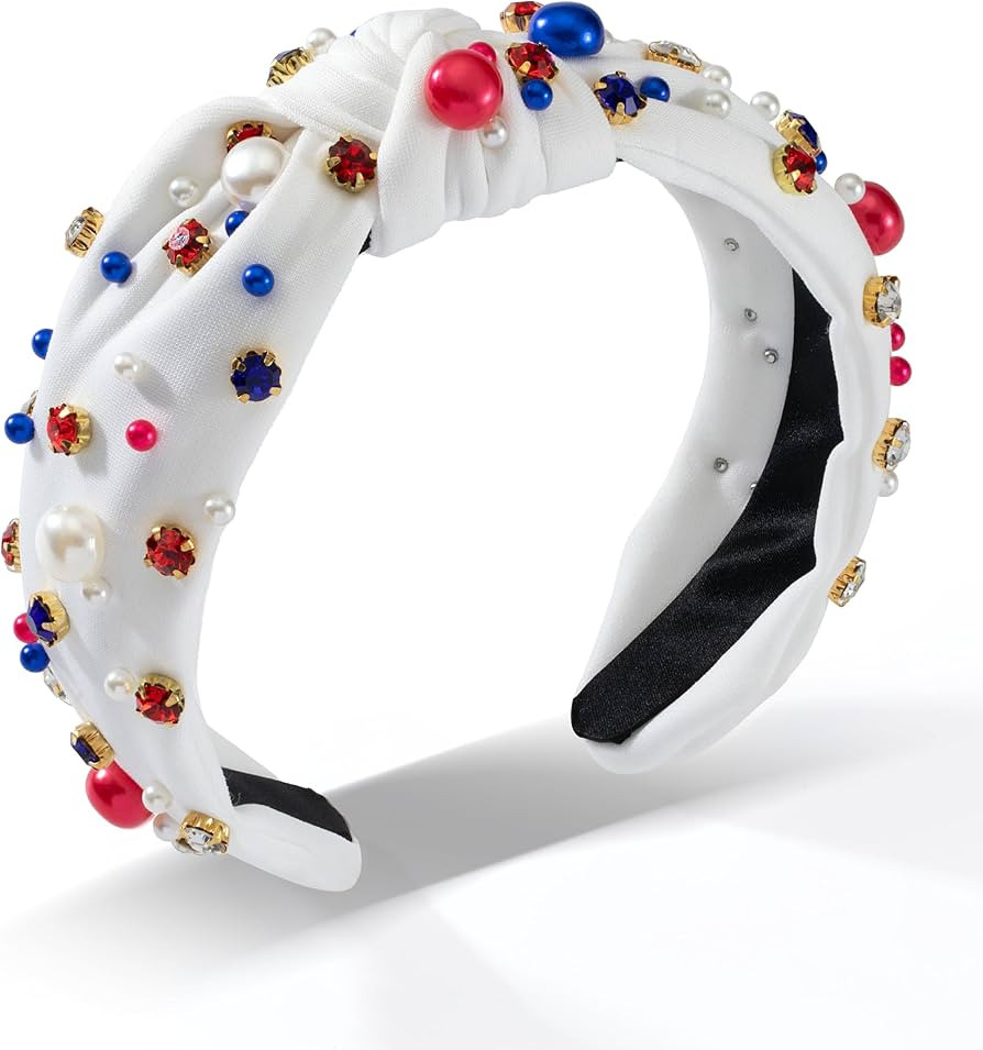 4th of July Headbands Pearl Knotted Headbands for Women Red White Blue Crystal Beaded Jeweled Wid... | Amazon (US)