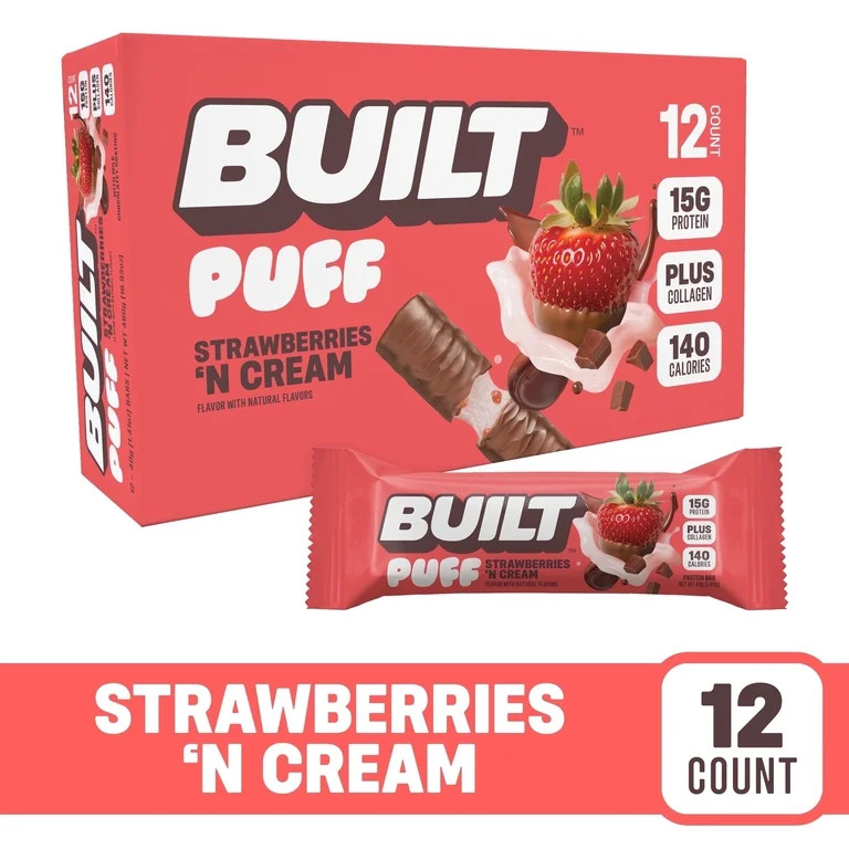 BUILT Bar Puff Protein Snack Bars, 15g Protein, Strawberries N Cream, Gluten Free, 12 Pack | Walmart (US)