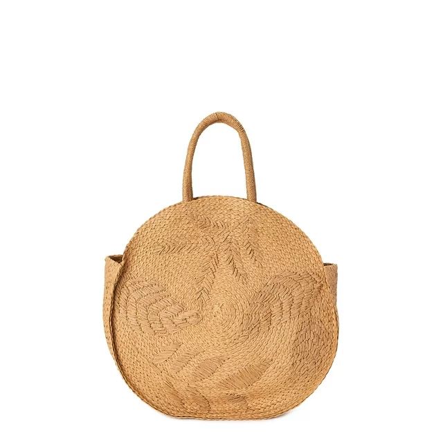 Time and Tru Women’s Circle Straw Beach Tote Bag Natural Embroidery | Walmart (US)