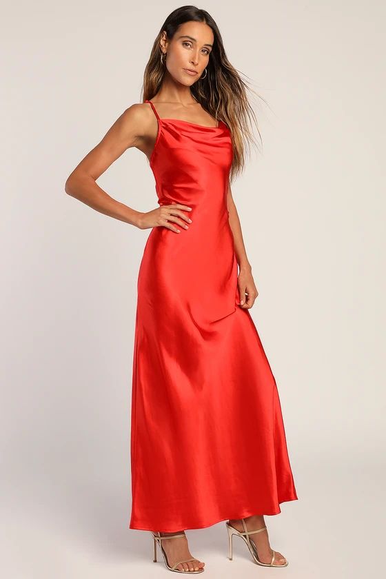 Debut Moment Red Satin Cowl Backless Maxi Dress | Lulus (US)