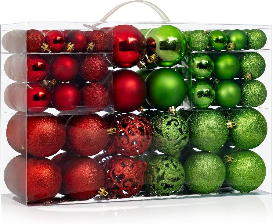 100 Red and Green Christmas Ornament Balls Shatterproof + 100 Metal Ornament Hooks, Hanging Ornam... | Amazon (US)