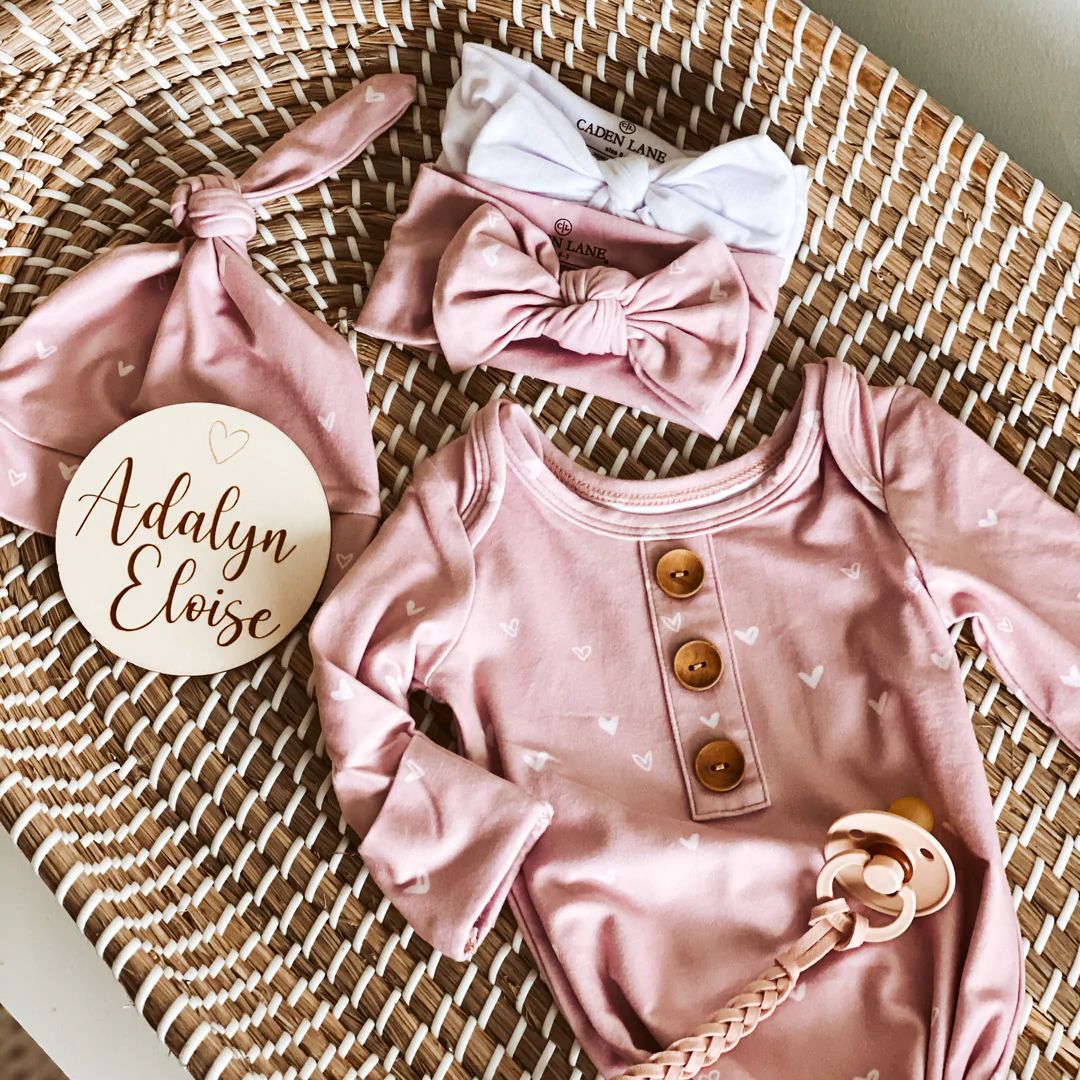Tiny Hearts in Dusty Pink Newborn Baby Knot Gown & Hat Set | Caden Lane