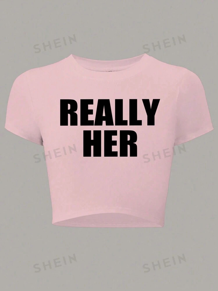 SHEIN Slayr Women's Summer Short Sleeve Casual T-Shirt With Letter Printing And Round Neck | SHEIN