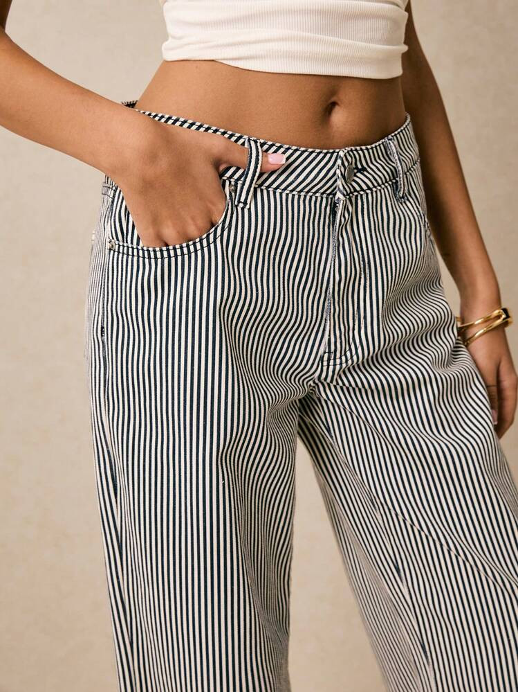 Poéselle Women's Striped Denim Jeans, Fashionable For Summer Women's Jeans Low Rise Straight Leg Jeans Women's Denim Casual Loose Pants Blue Striped Pants Women's Pants, Going Out | SHEIN