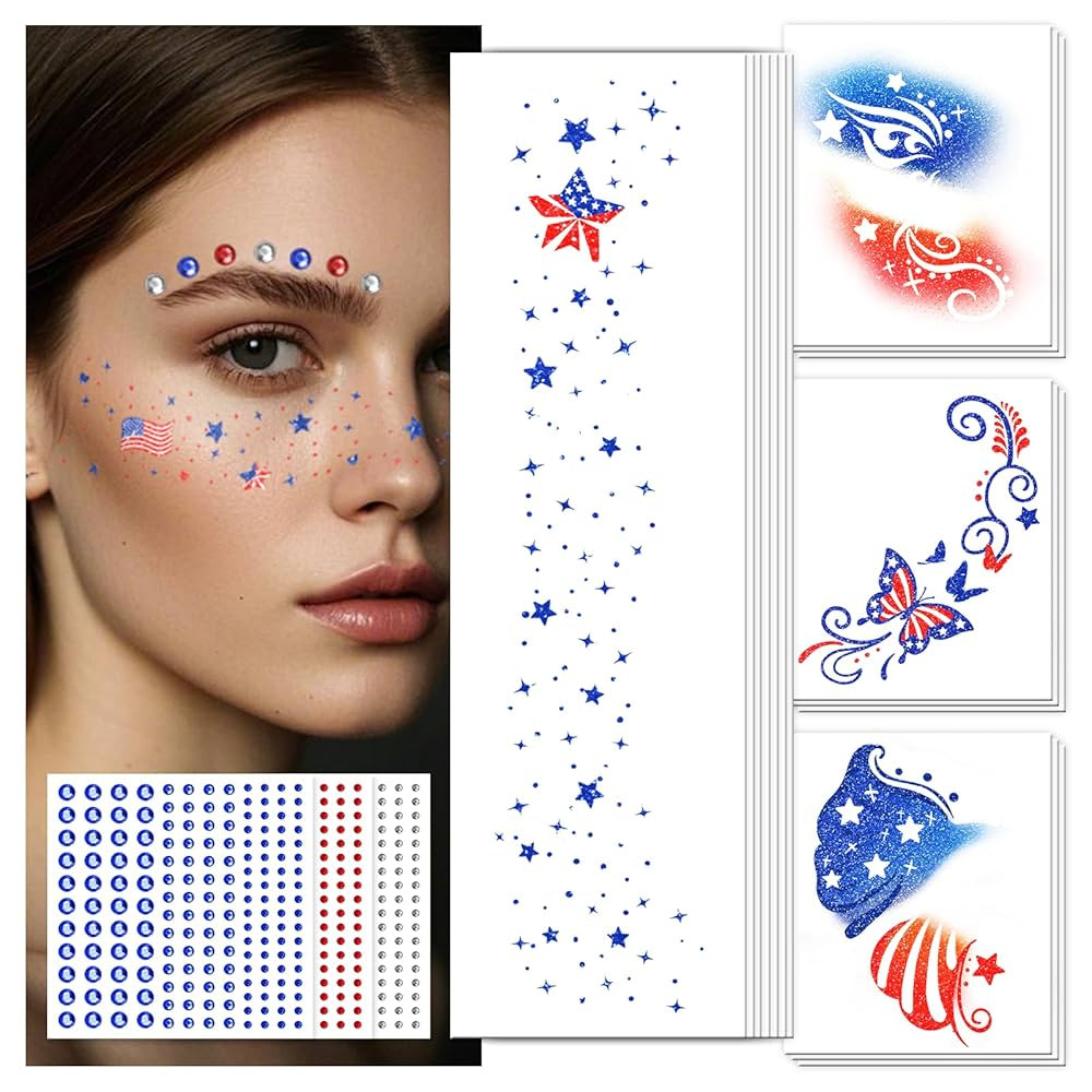 EMOME 4th of July Decorations, Independence Day Glitter Faux Freckles Face Tattoos with Red White... | Amazon (US)
