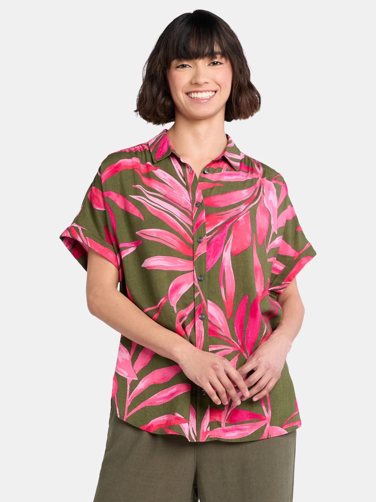 Time and Tru Women's Camp Shirt with Short Sleeves, Sizes XS-XXXL | Walmart (US)