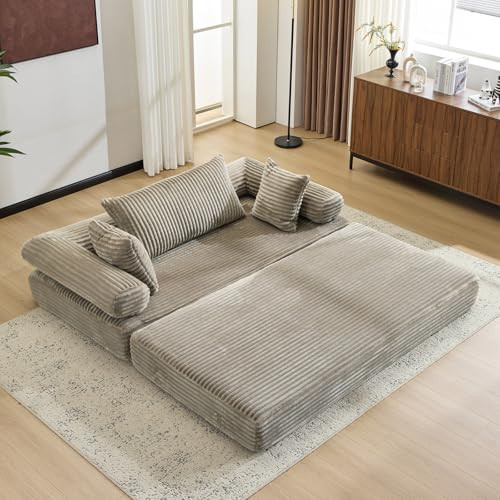 VINGLI Convertible Futon Sofa Bed, Upholstered Corduroy Boneless Couch King Size Floor Loveseat Sleeper Sofa with 2-in-1 Throw Pillow & Blanket Couches for Living Room, Bedroom, Lounge, Gray | Amazon (US)