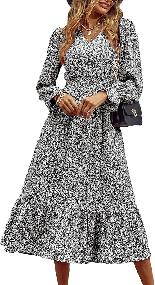 PRETTYGARDEN Women's Casual Long Sleeve Midi Fall Dress Boho Pleated V Neck Ruffled Vintage Floral P | Amazon (US)