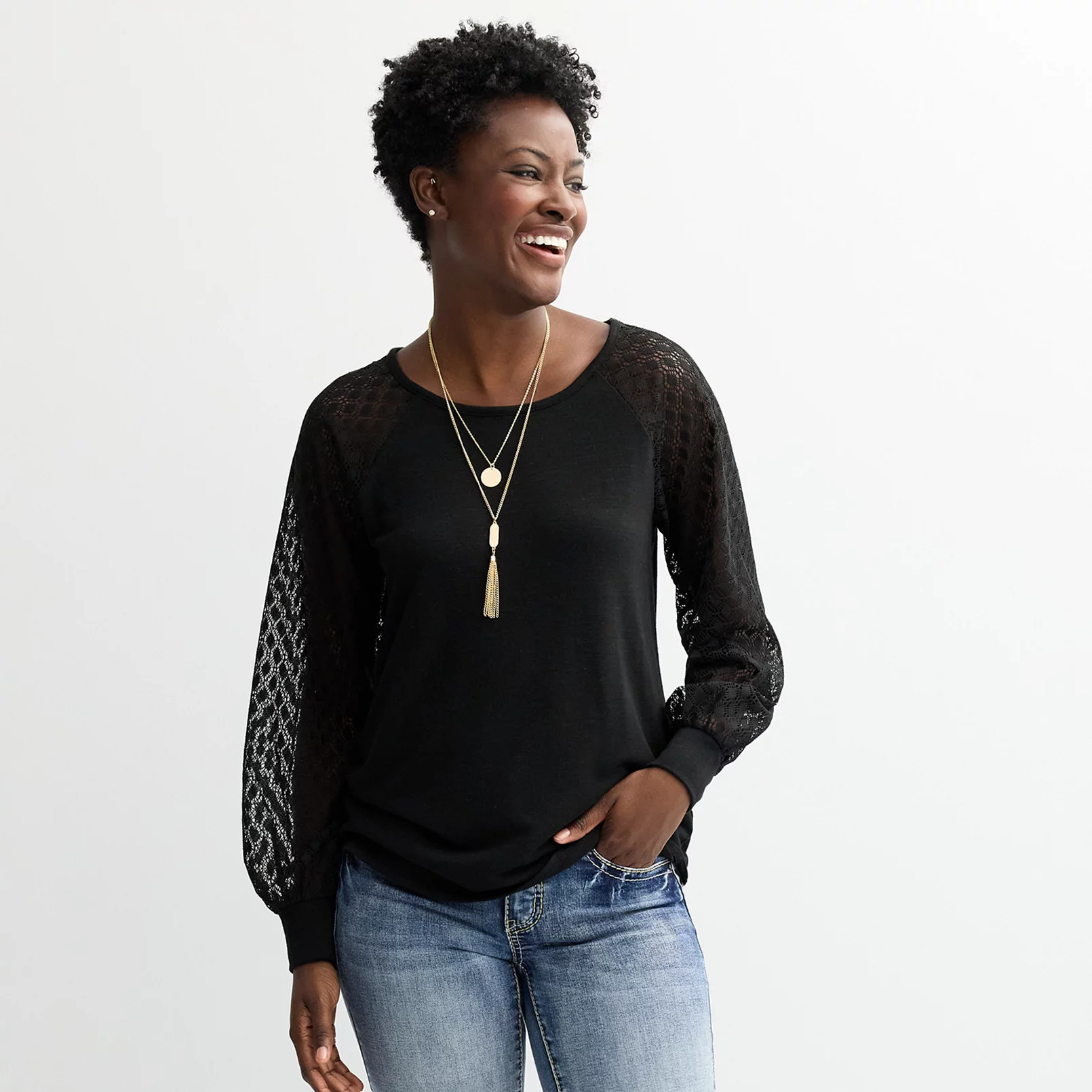 Women's Apt. 9® Lace Sleeve Top with Necklace | Kohl's