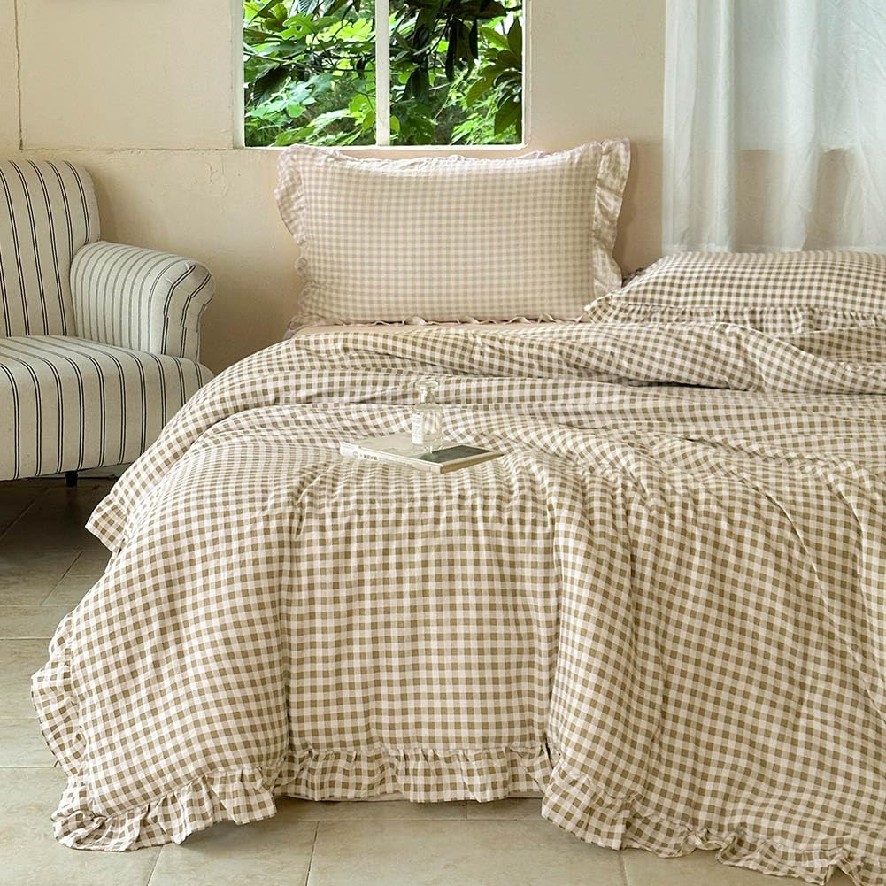NSNLGSGC Tan Ruffle Gingham Comforter Set Queen, Pre-Washed Ruffled Taupe Plaid Checked Comforter... | Amazon (US)