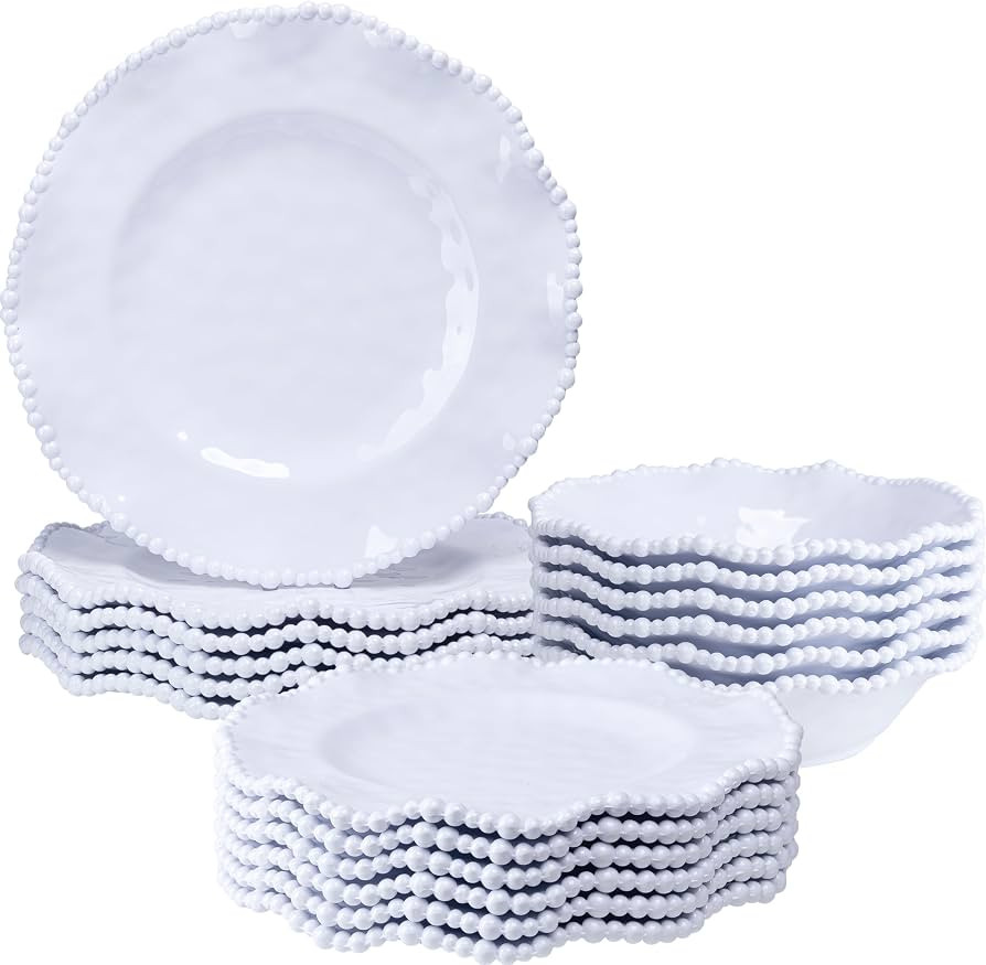 White Beaded Melamine Dinnerware Set, 18 piece Dishwasher Safe Plates and Bowls for Dining, Parties, Camping Dish Set | Amazon (US)